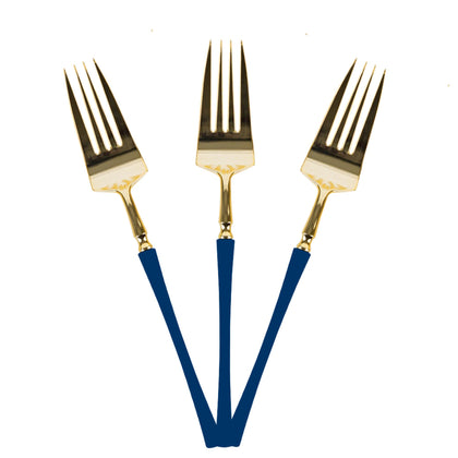 Plastic Dinner Forks Navy Blue and Gold Infinity Flatware Collection
