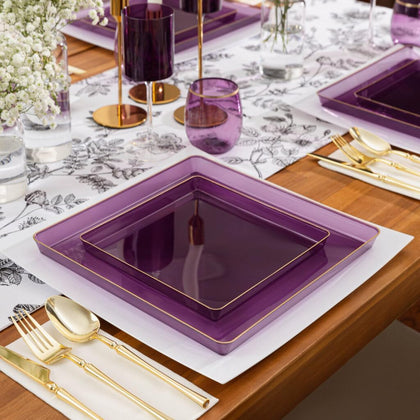 10.75 Disposable Square Purple Clear China Like Plastic Plate Gold Rim