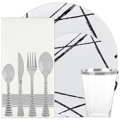 Plastic Tableware White Plates Black Brush Collection Dinner Party Set