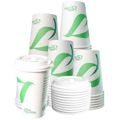 16oz Disposable Compostable Biodegradable White Paper Coffee Cups with White Dome Lids