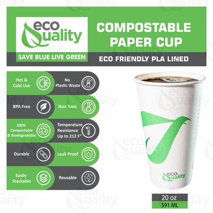20oz Disposable Compostable Biodegradable White Paper Coffee Cups
