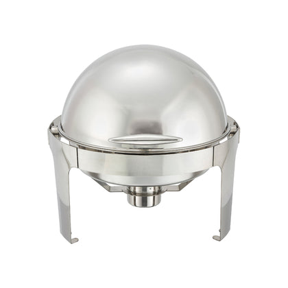 A 6 quart round Madison heavyweight chafer consisting of a round polished stainless steel chafer with roll top lid and a sturdy frame. The chafer is set up with a water pan, food pan, and fuel holder for maintaining consistent temperature and keeping food warm. The chafer is ideal for catering or large scale buffet events