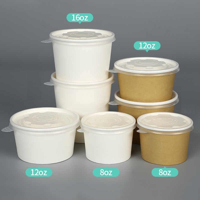 Disposable White Paper Soup Containers with Plastic Lids - White