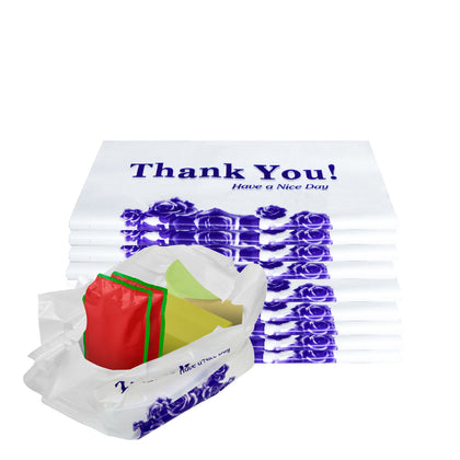 T-Shirt Shoppings Poly Plastic Bags retail togo takeout restaurant merchandise gift small medium large sturdy heavy duty strong white wholesale bulk economical industry commercial thank you flower 1/6 recyclable reusable have a nice day whole sale ecoquality 1/10