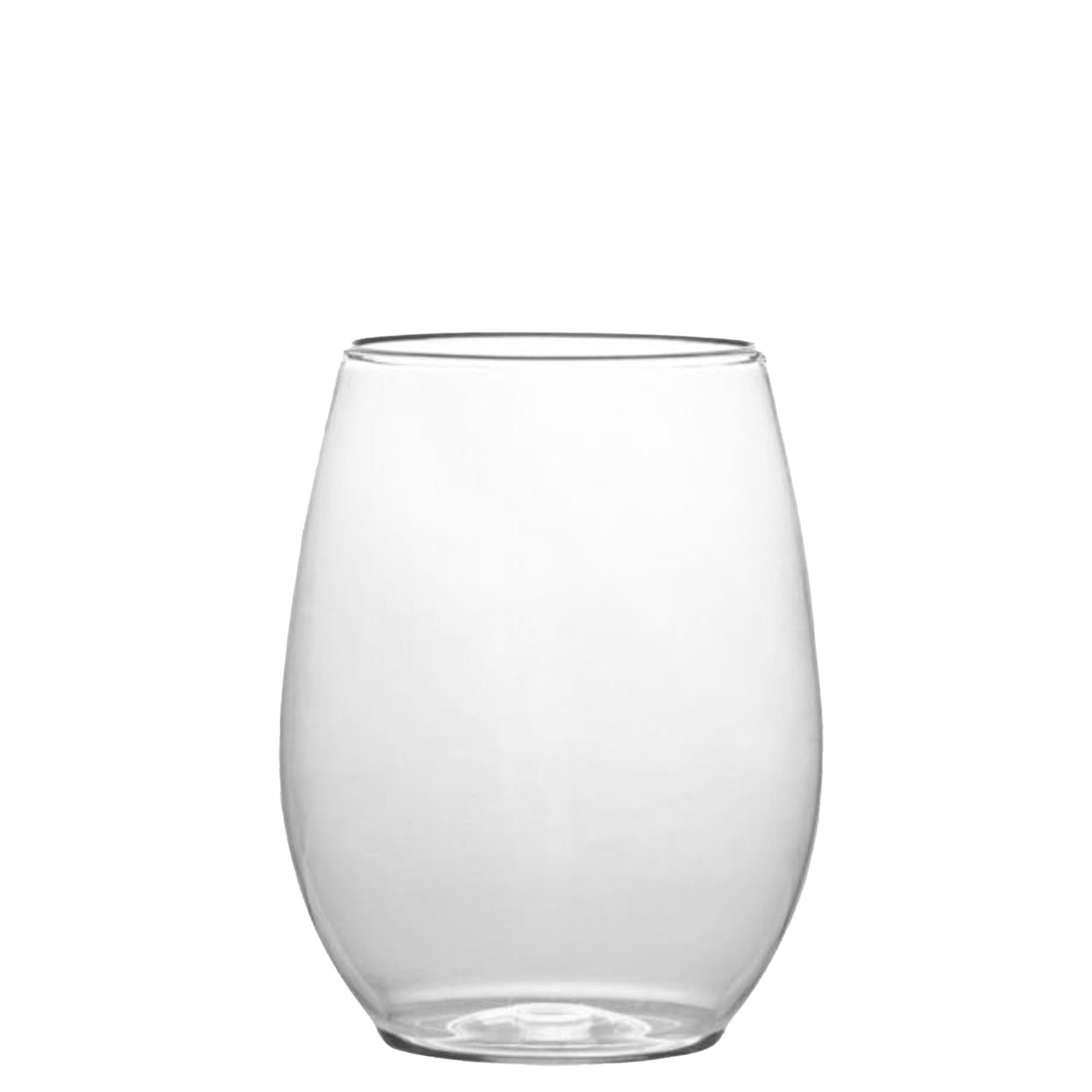 The image depicts a 12oz Elegant Plastic Stemless Clear Wine Tumbler. The tumbler is made of durable and transparent plastic material, allowing the user to enjoy the visual appeal of their beverage. It features a stemless design, providing a modern and sleek aesthetic. The tumbler has a capacity of 12 ounces, making it suitable for serving a standard-sized glass of wine. Its smooth and polished surface adds to its elegance, while the clear construction showcases the color and clarity of the wine within.