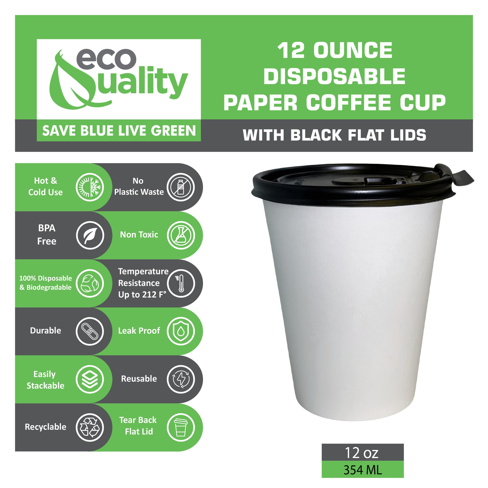 12oz Disposable White Paper Hot Cold Cups with Black Flat Lids
