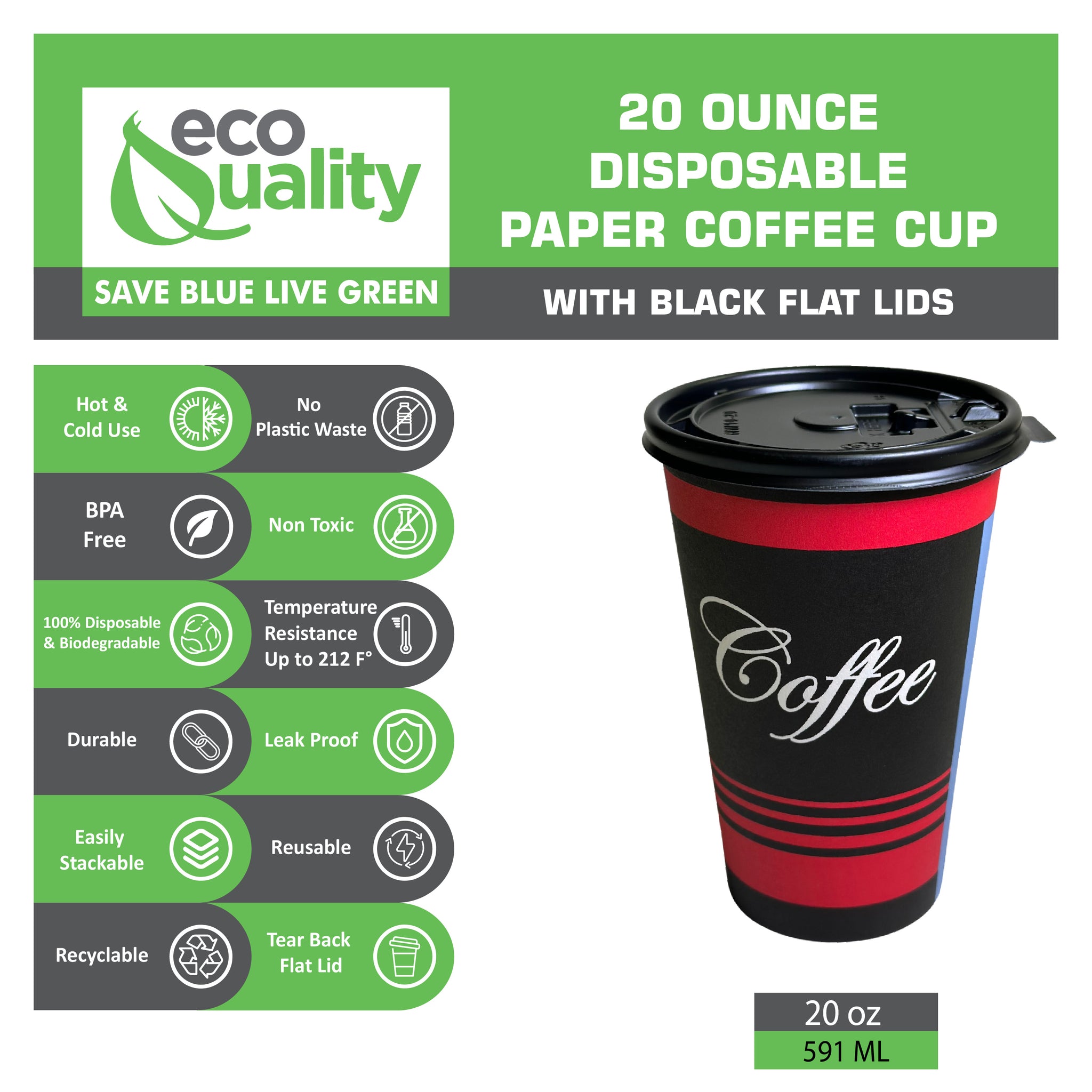20oz Design Disposable Paper Coffee Cups with Black Flat Lids