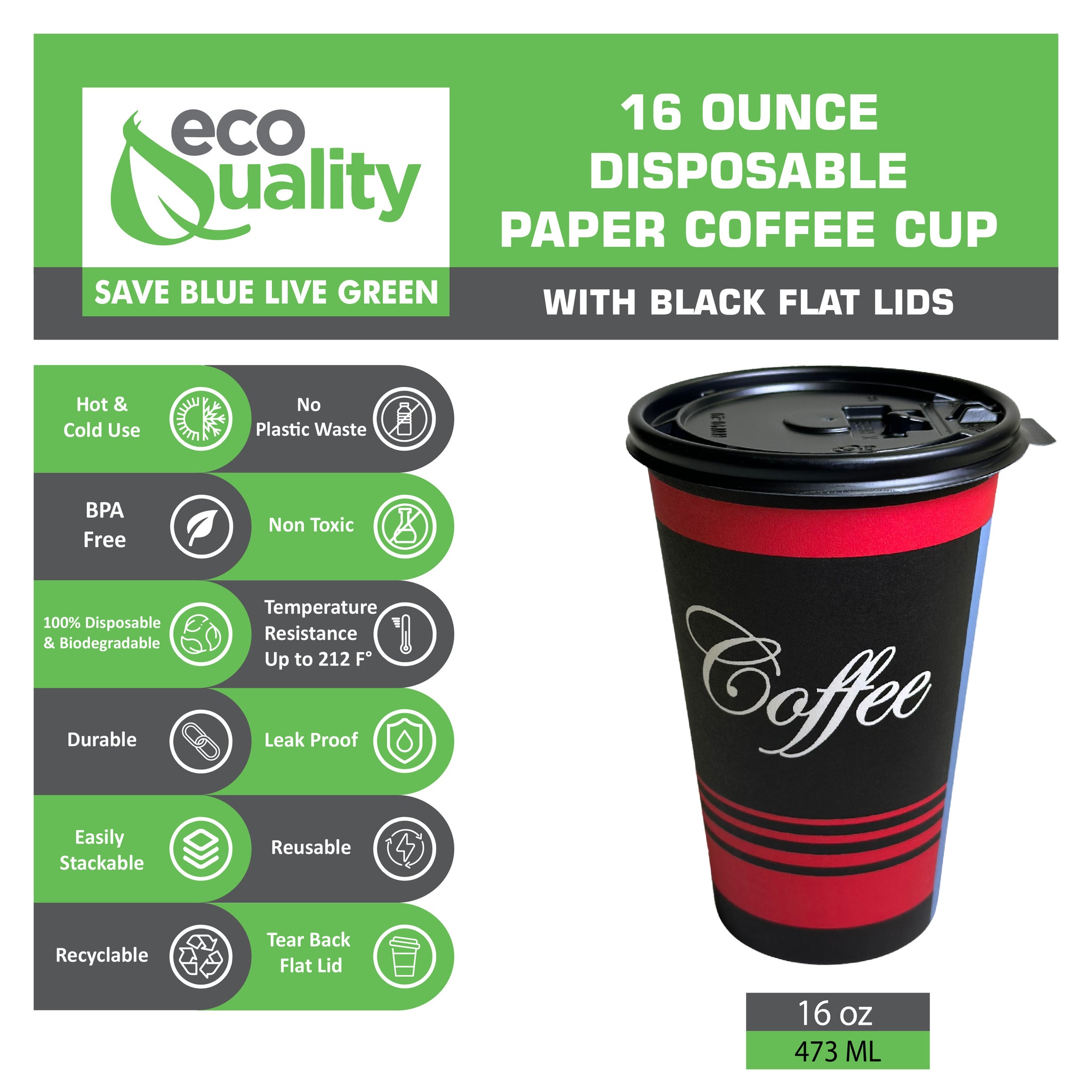16oz Design Disposable Paper Coffee Cups with Black Flat Lids
