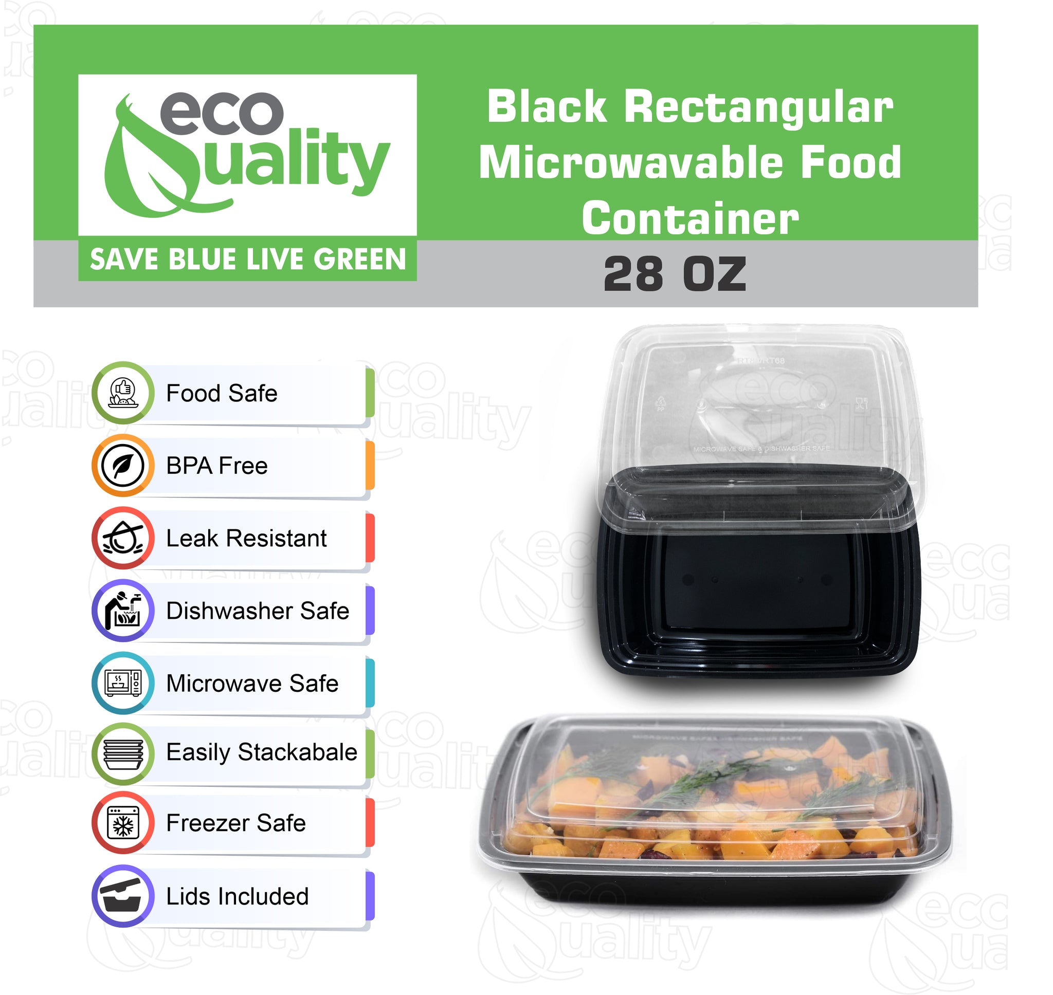 28oz Black Microwavable Food Storage Rectangular Meal Prep Container with Lids Great for Reusable Lunch Box, Leak Proof Restaurant Take-Out, Catering