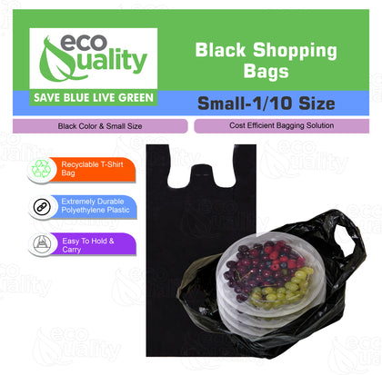 Small 1/10 Plastic Black T-Shirt Bags 8x16 inches, 13 Micron Reusable Recyclable Poly Shopping Bags