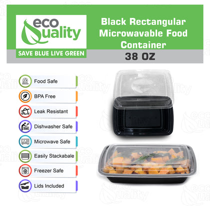 38oz Black Microwavable Food Storage Rectangular Meal Prep Container with Lids Great for Reusable Lunch Box, Leak Proof Restaurant Take-Out, Catering