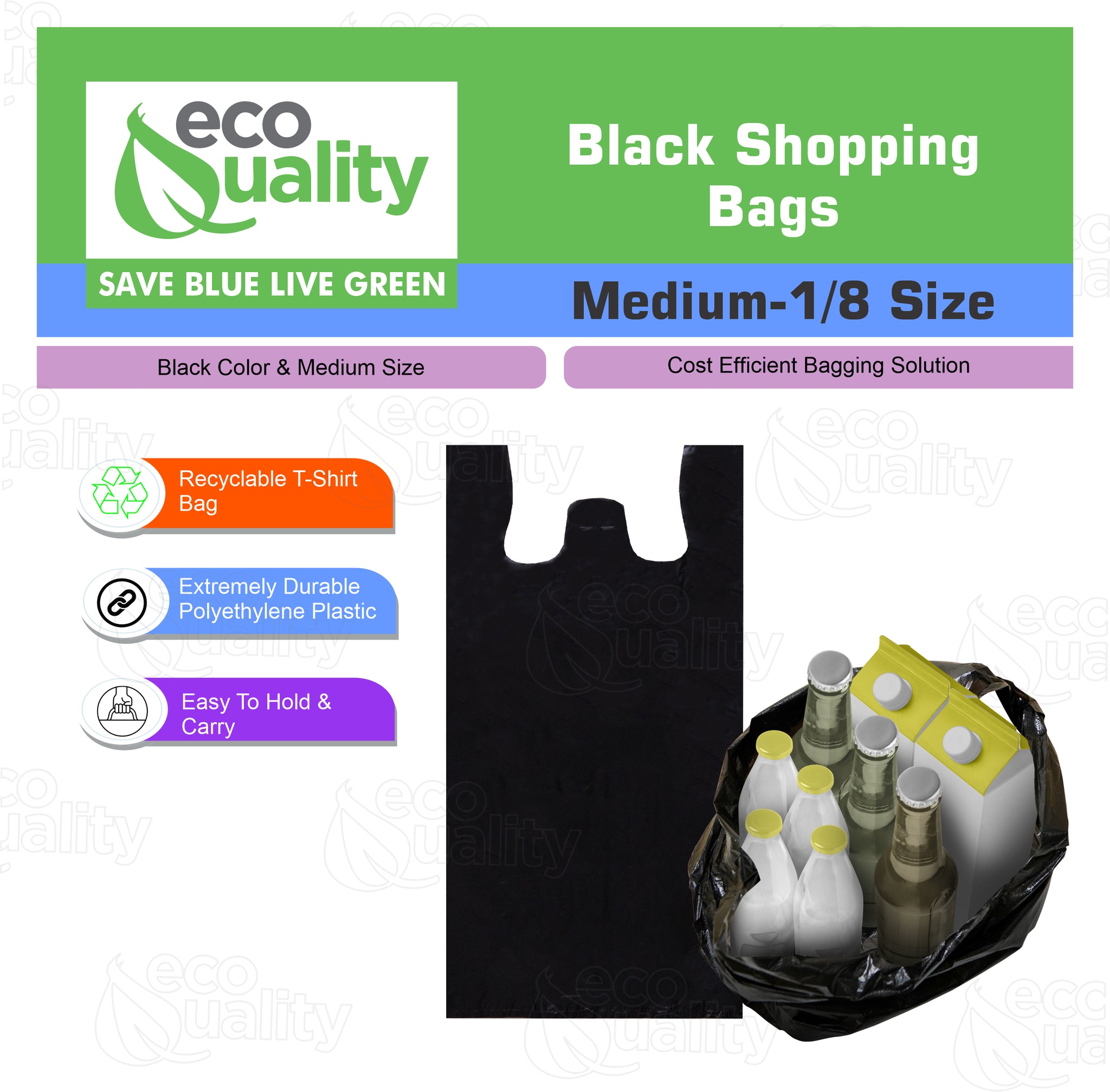 Medium 1/8 Plastic Black T-Shirt Bags 10x18 inches, 13 Micron Reusable Recyclable Poly Shopping Bags