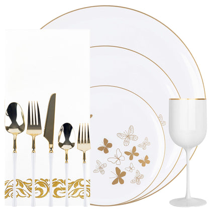 Plastic Tableware White Gold Butterfly Collection Dinner Party Set