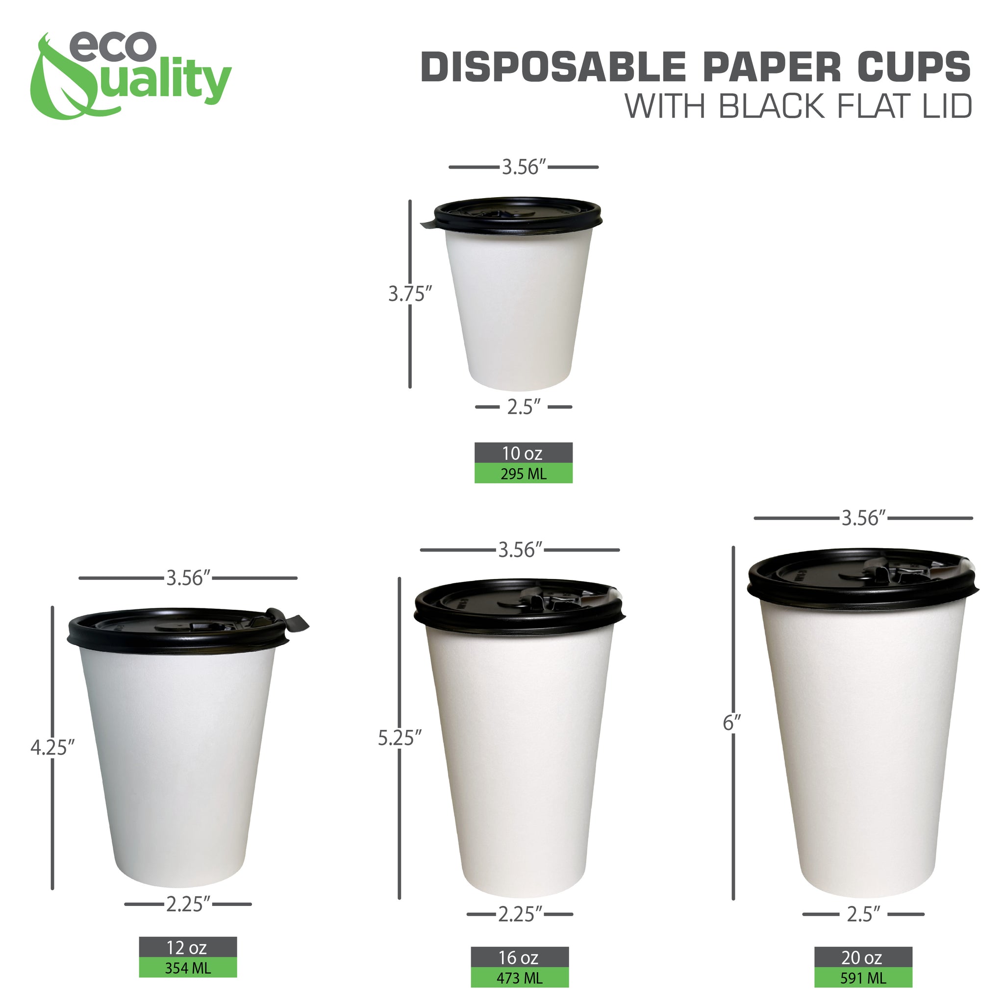 10oz Disposable White Paper Hot Cold Cups with Black Flat Lids