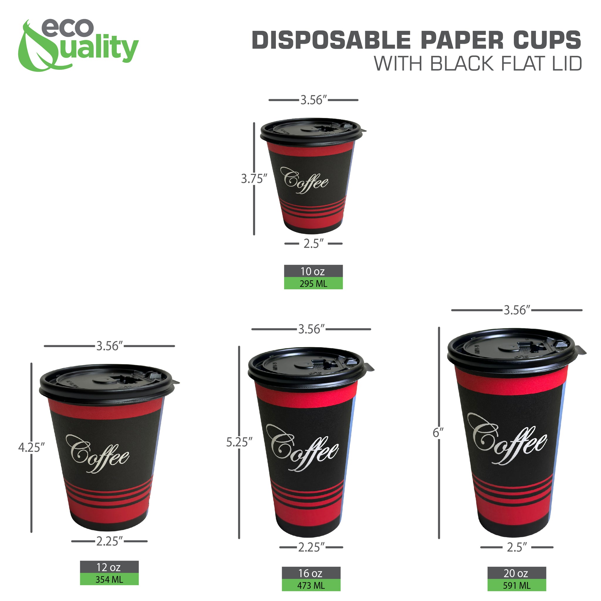 10oz Design Disposable Paper Coffee Cups with Black Flat Lids