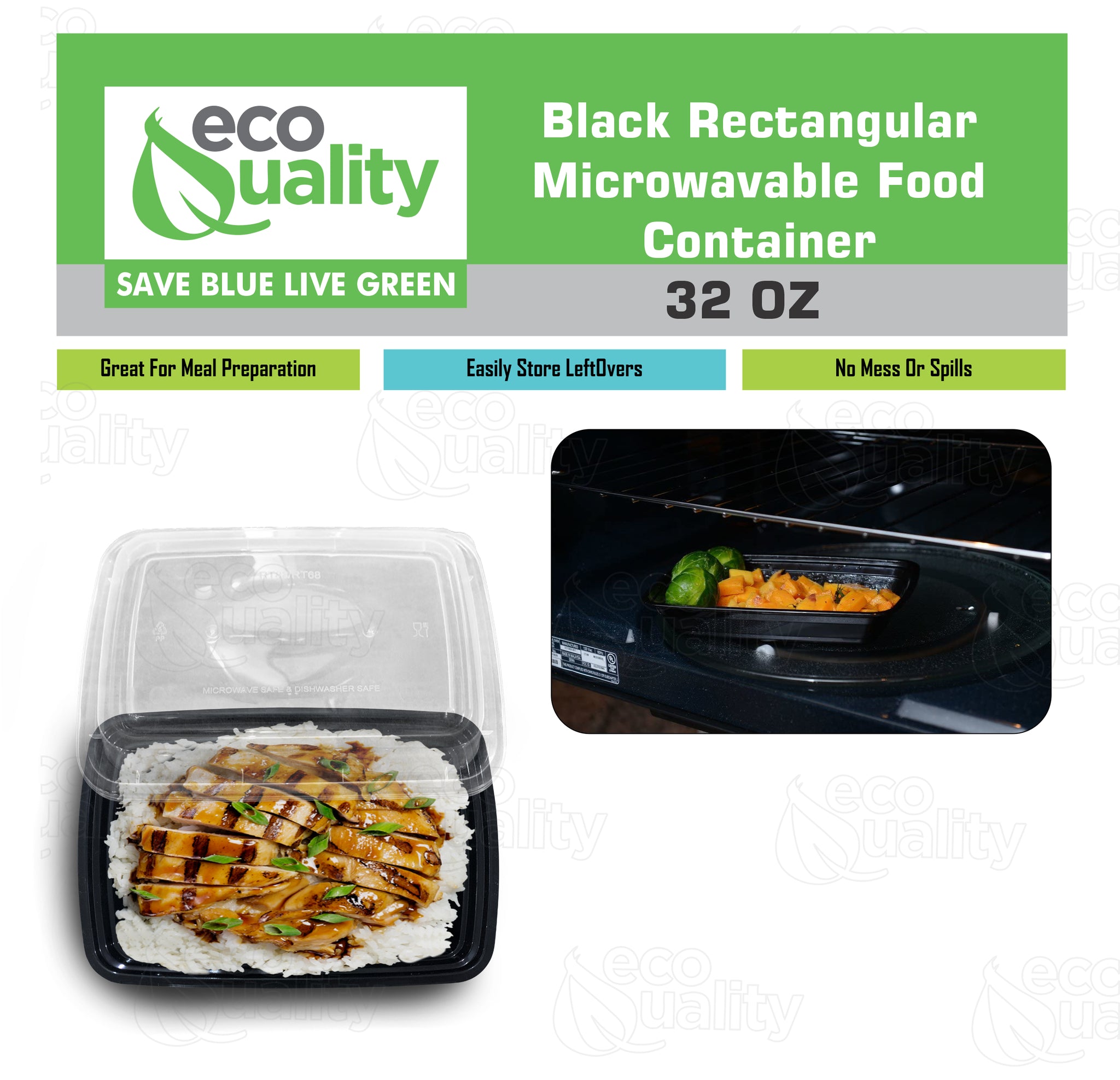 32oz Black Microwavable Food Storage Rectangular Meal Prep Container with Lids Great for Reusable Lunch Box, Leak Proof Restaurant Take-Out, Catering