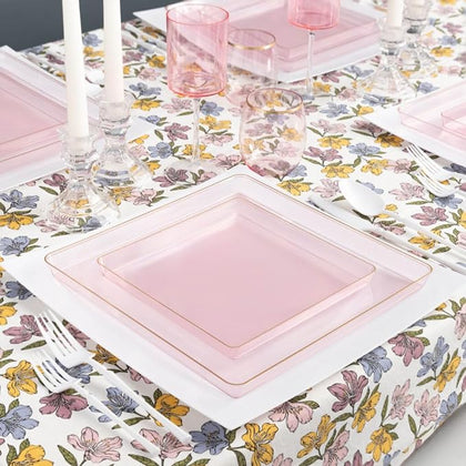 10.75 Disposable Square Pink Clear China Like Plastic Plate Gold Rim