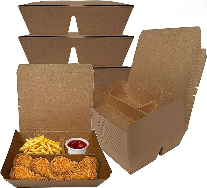 Paper Take Out no assembly container Microwave safe Leak Resistant Kraft Paperboard Food Tray Ecofriendly container Biodegradeable Compostable Food Containers kraft lunchbox folded to go box 26 ounce restaurant supplies food service supplies paper disposables heat resistant box 3 compartment