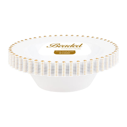 12oz White Plastic China Like Disposable Round Bowls Gold Beaded Rim