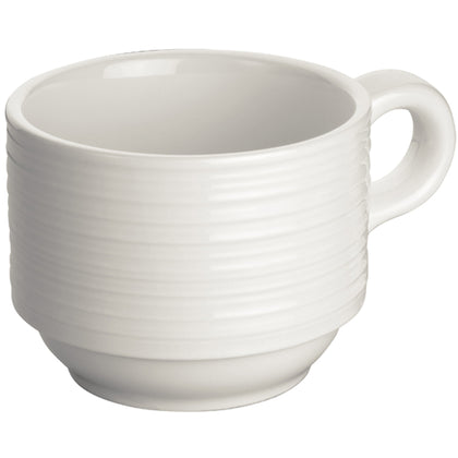6oz porcelain white coffee cup and tea cup with linear embossment design microwave and dishwasher safe easy to use and clean fits on most coffee makers chip stain and scratch resistant