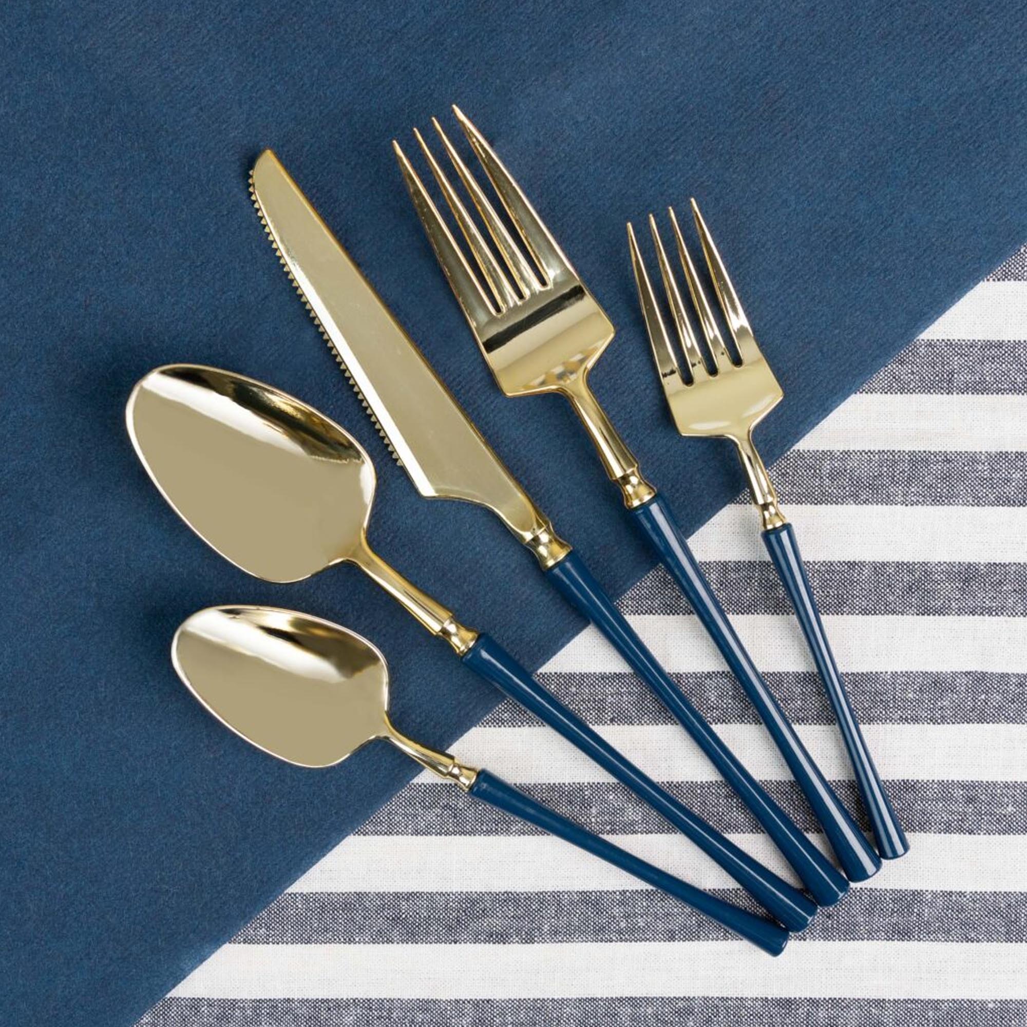 Plastic Dinner Forks Navy Blue and Gold Infinity Flatware Collection