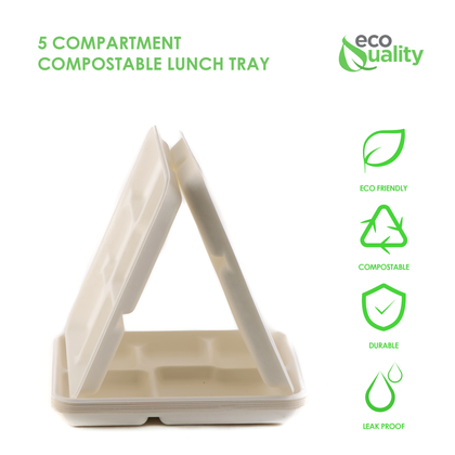 5 Compartment Compostable Sugarcane Pulp Fiber Disposable Tray (10 x 8.3 x 0.9 inch)