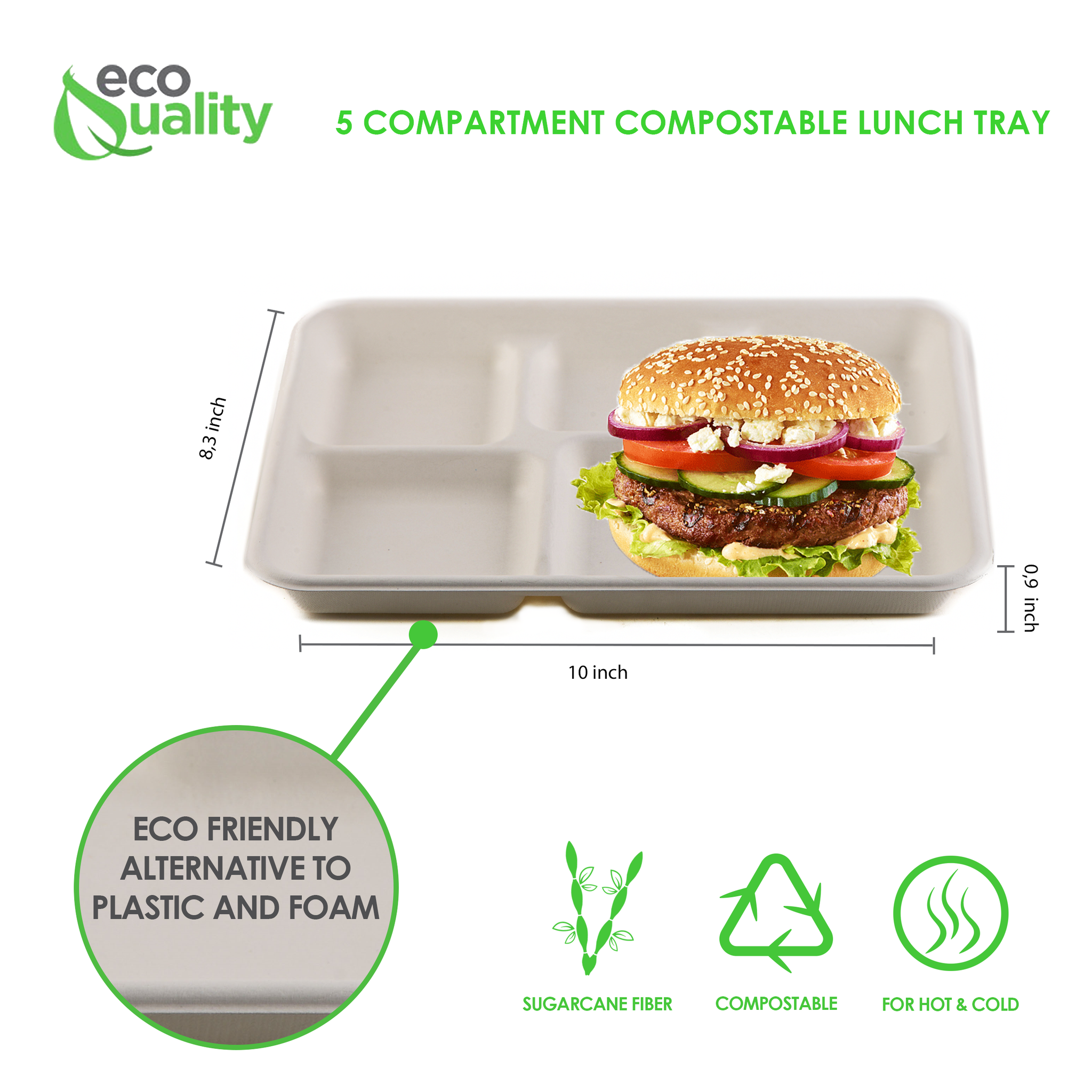 5 Compartment Compostable Sugarcane Pulp Fiber Disposable Tray (10 x 8.3 x 0.9 inch)