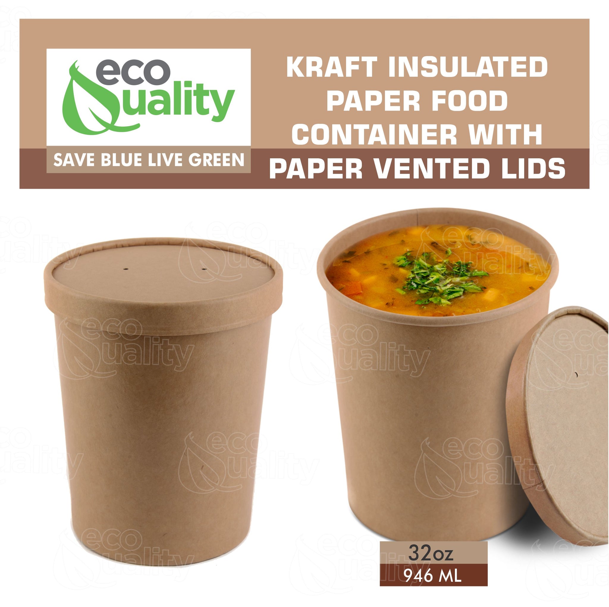 32oz Disposable Kraft Paper Food Soup Cup with Paper Vented Lid