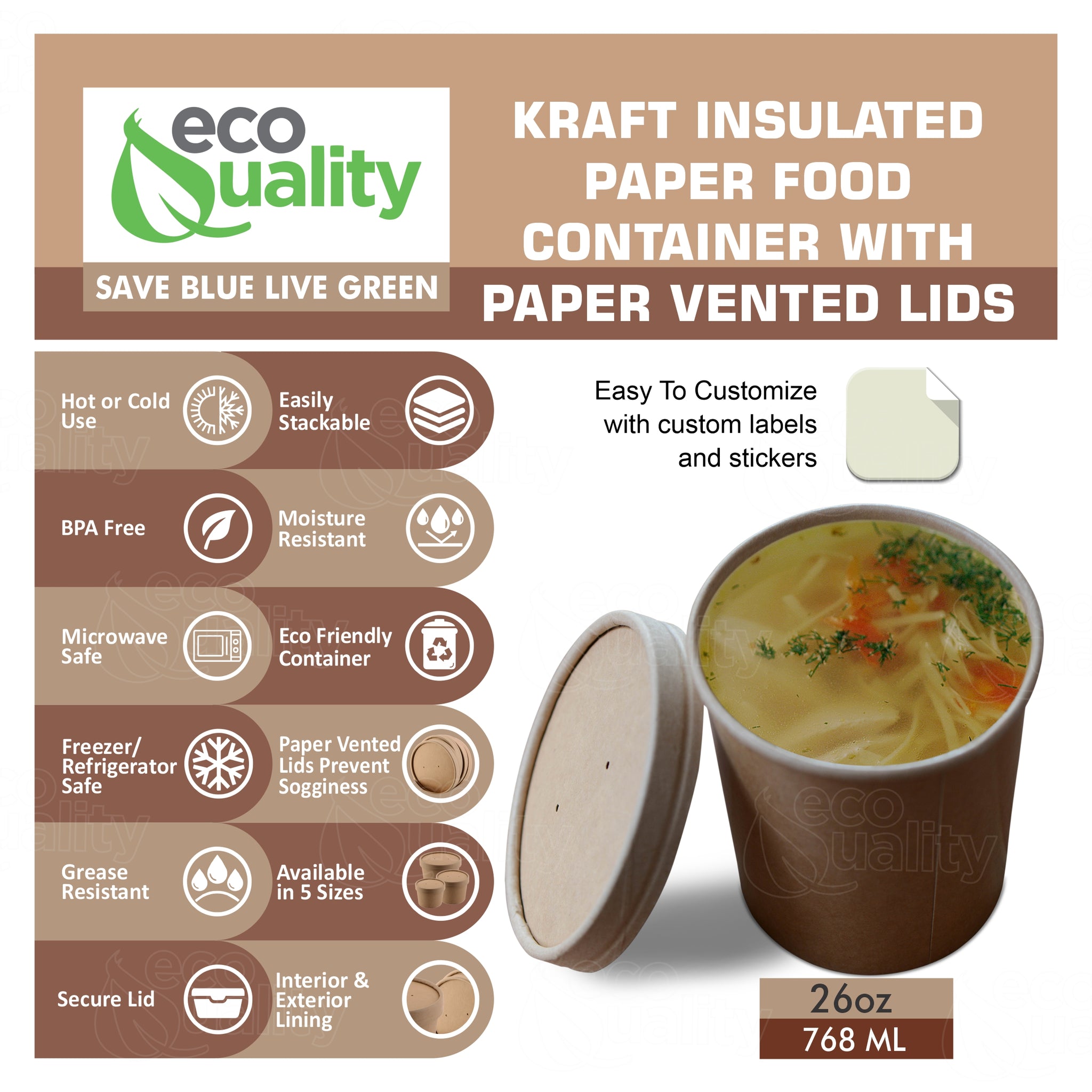 26oz Disposable Kraft Paper Food Soup Cup with Paper Vented Lid