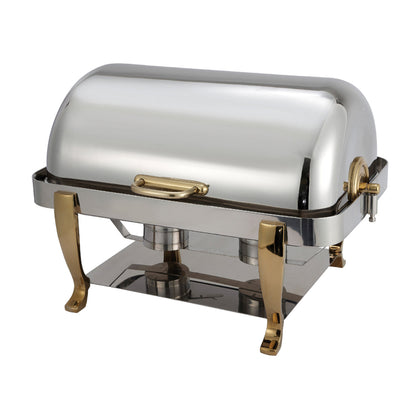 An 8 quart full size Vintage extra heavyweight chafer consisting of a rectangular polished stainless steel chafer with roll top lid and a sturdy frame. The chafer is set up with a water pan, food pan, and fuel holders for maintaining consistent temperature and keeping food warm. The chafer is ideal for catering or large scale buffet events