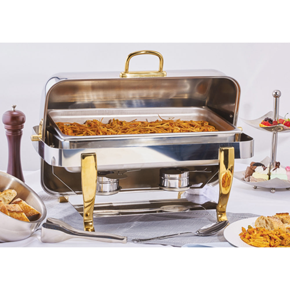 EcoQuality Polished 8 Quart Full-size Chafer, Roll-top, Stainless Steel, Gold Accent, Extra Heavyweight