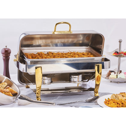 EcoQuality Polished 8 Quart Full-size Chafer, Roll-top, Stainless Steel, Gold Accent, Extra Heavyweight
