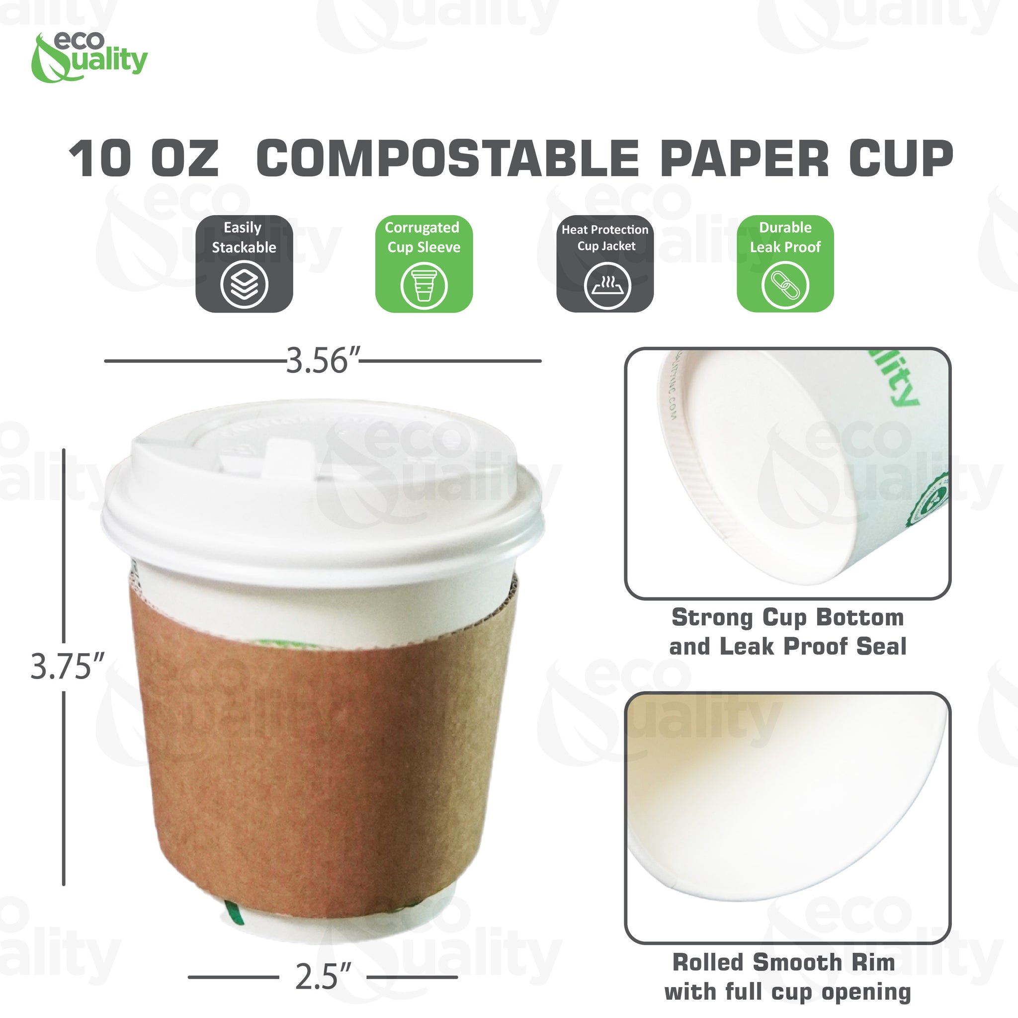 10oz Disposable Compostable Biodegradable White Paper Coffee Cups with White Dome Lids and Sleeves