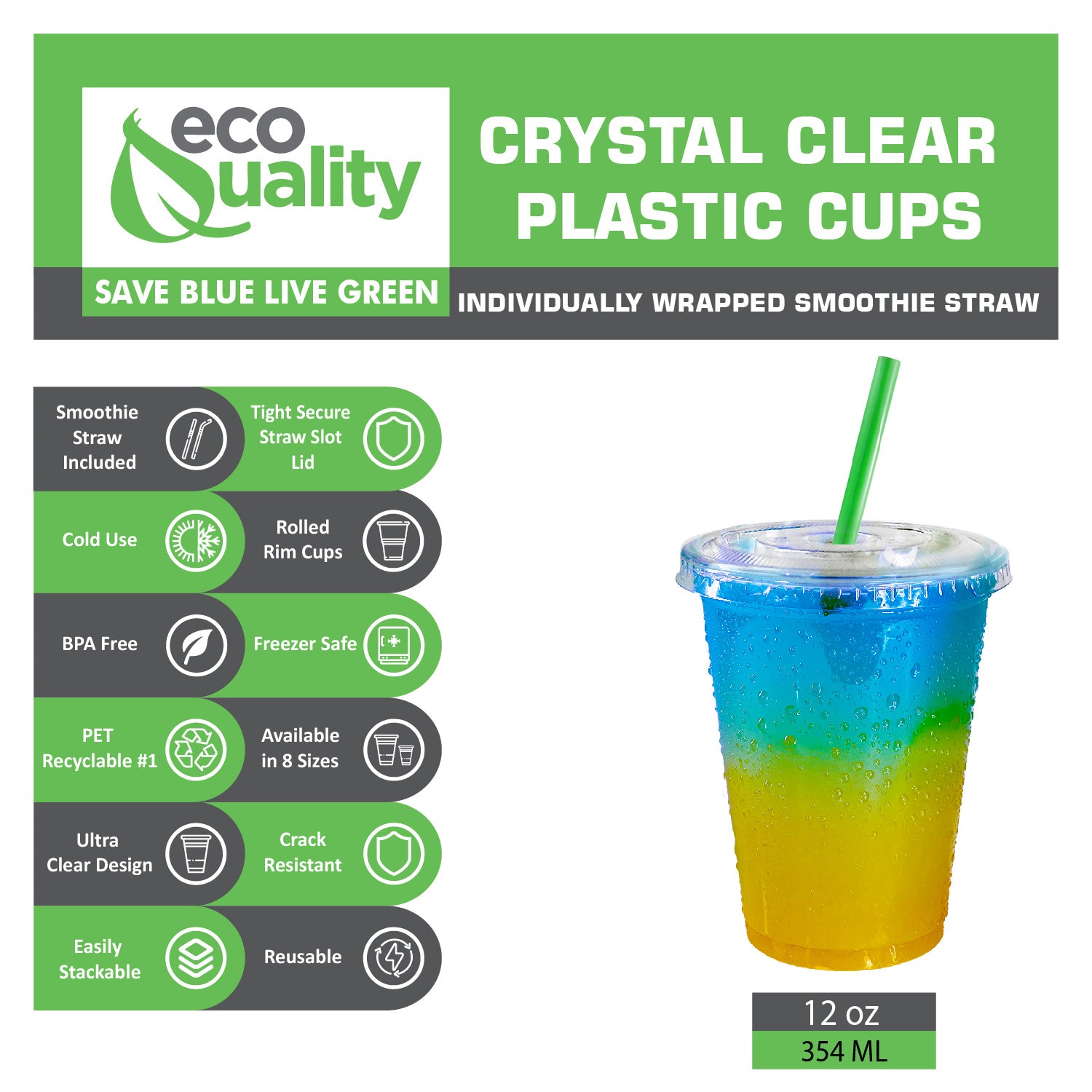 Disposable Pet Clear Plastic Smoothie Cups with Clear Flat Lids and Color Straws
