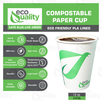 12oz Disposable Compostable Biodegradable White Paper Coffee Cups