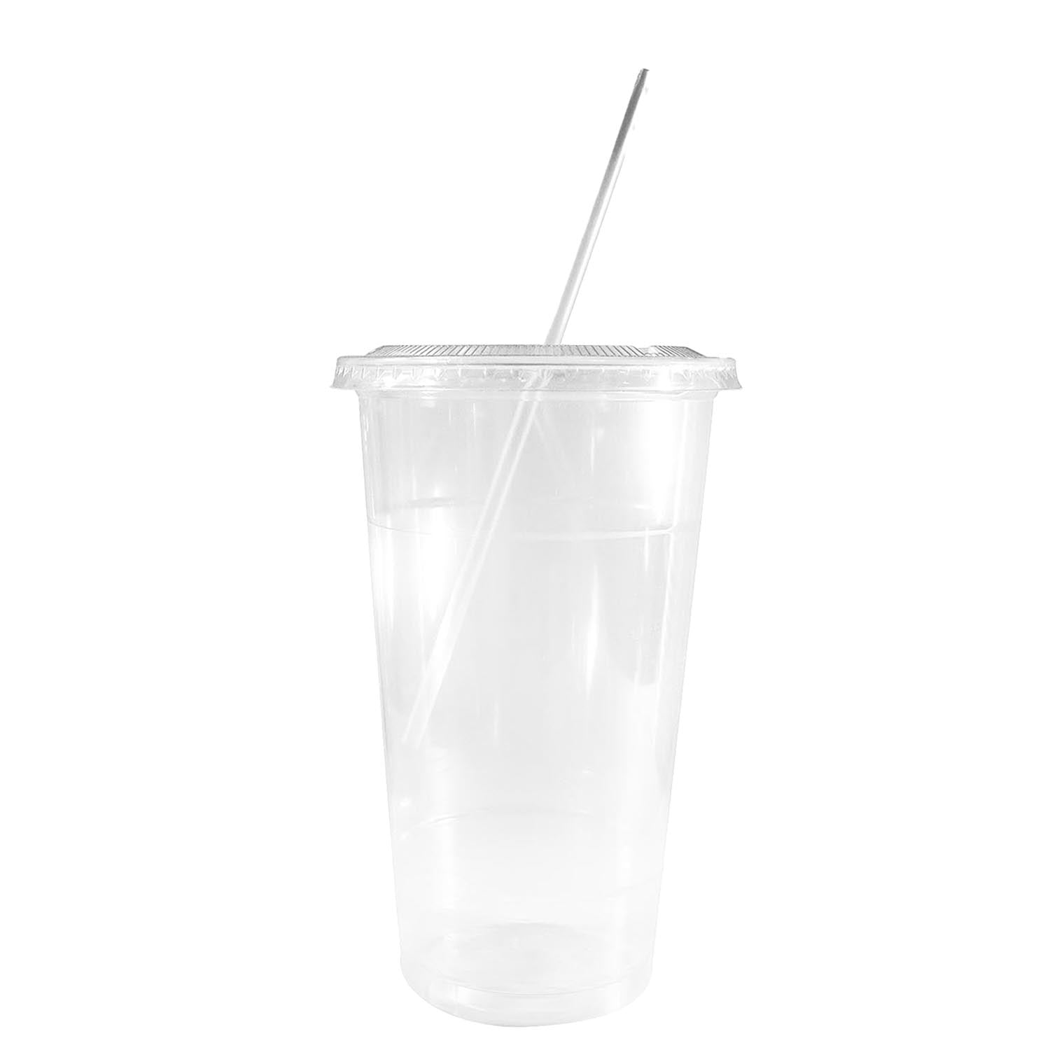 14oz Disposable Pet Clear Plastic Smoothie Cups Clear Flat Lids with White Straws