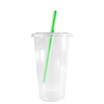16oz Disposable Pet Clear Plastic Smoothie Cups with Clear Flat Lids and Color Straws