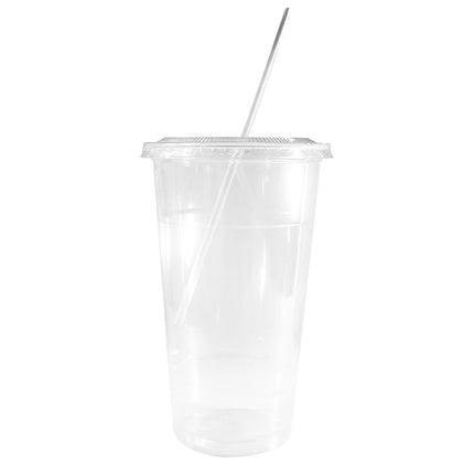 16oz Disposable Pet Clear Plastic Smoothie Cups with Clear Flat Lids and White Straws