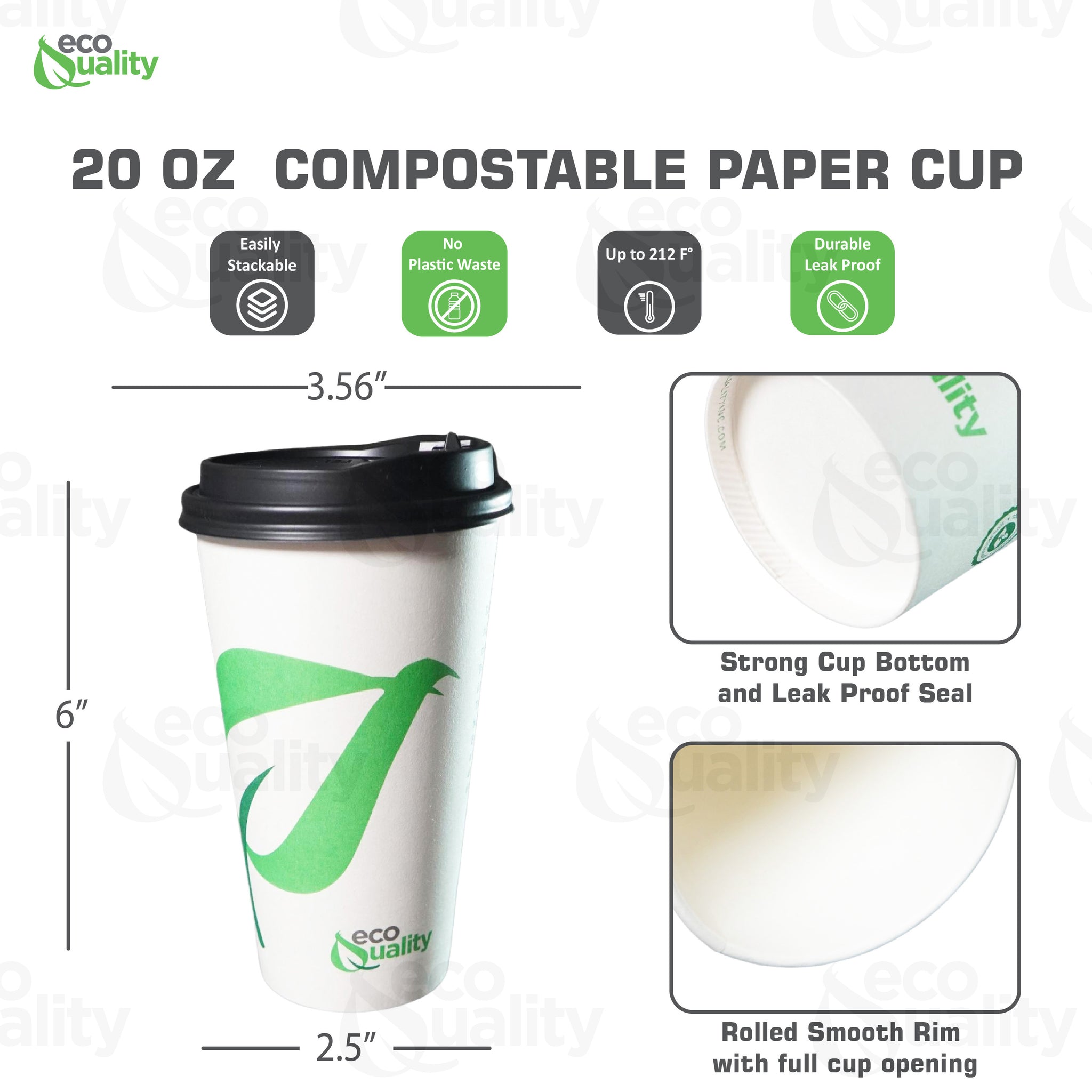 20oz Disposable Compostable Biodegradable White Paper Coffee Cups with Black Dome Lids