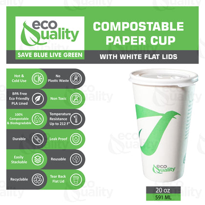 20oz Disposable Compostable Biodegradable White Paper Coffee Cups with Flat Lids