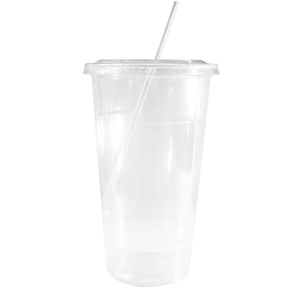 24oz Disposable Pet Clear Plastic Smoothie Cups with Clear Flat Lids and White Straws