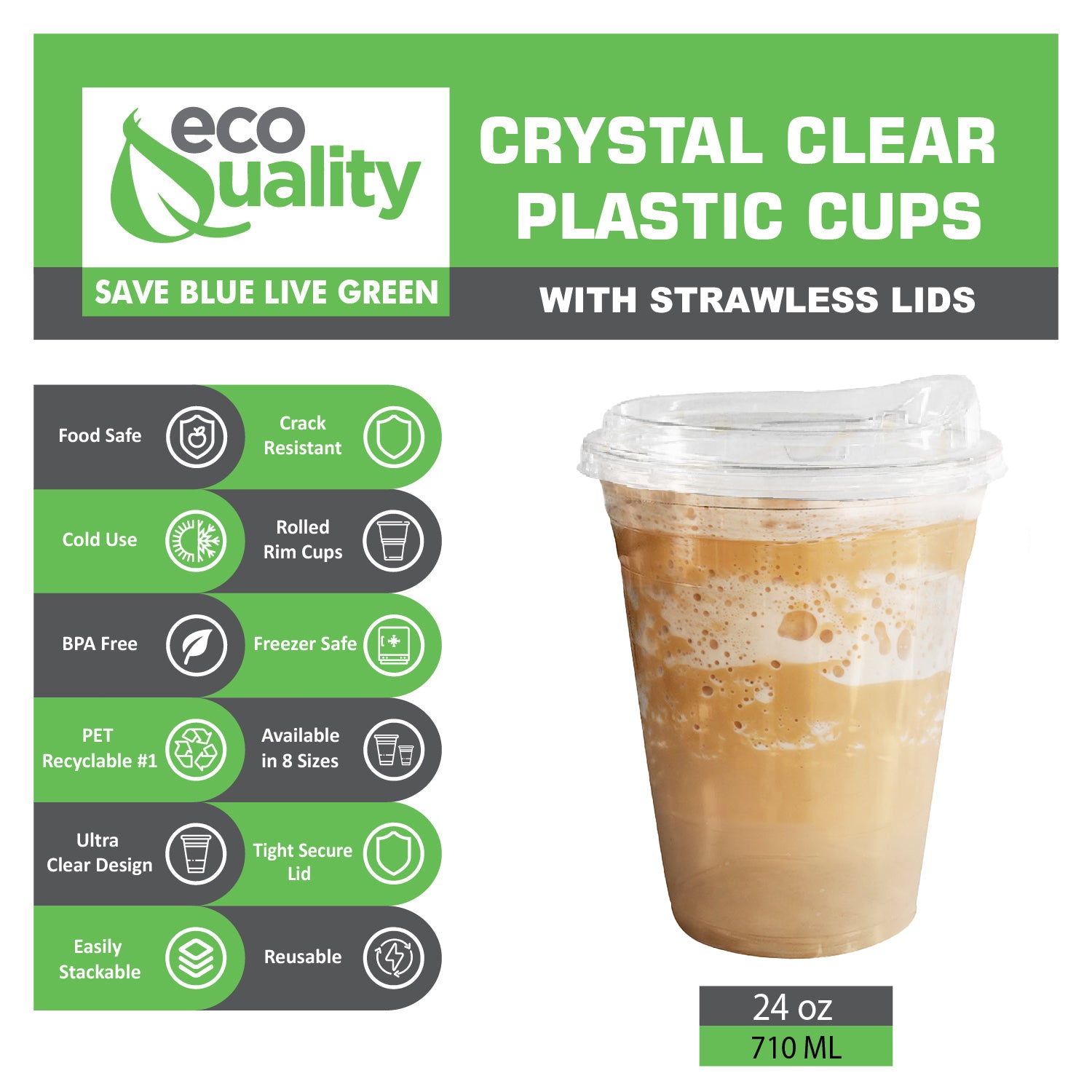 24oz Disposable Pet Clear Plastic Smoothie Cups with Sip Through Lids