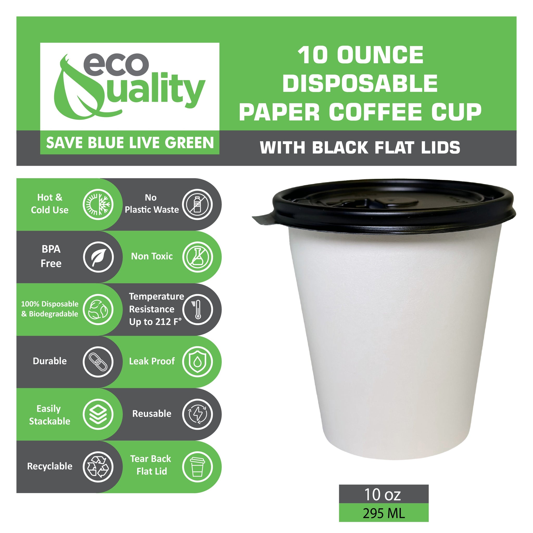 Disposable White Paper Hot Cold Cups with Black Flat Lids