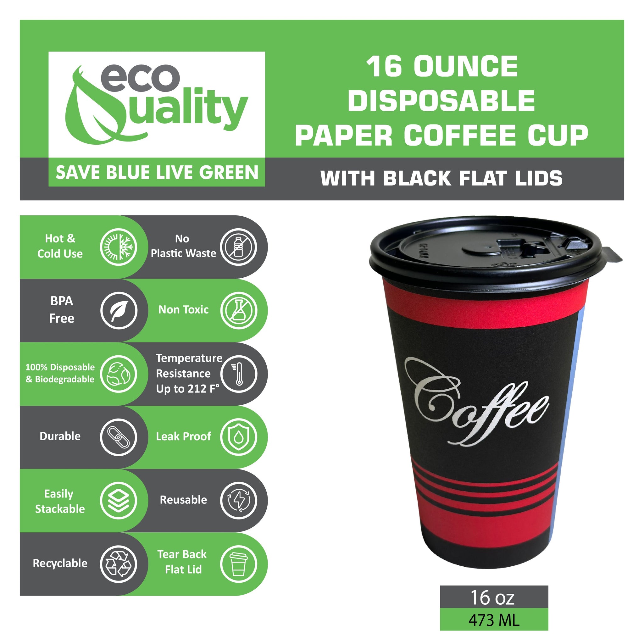 Design Disposable Paper Coffee Cups with Black Flat Lids