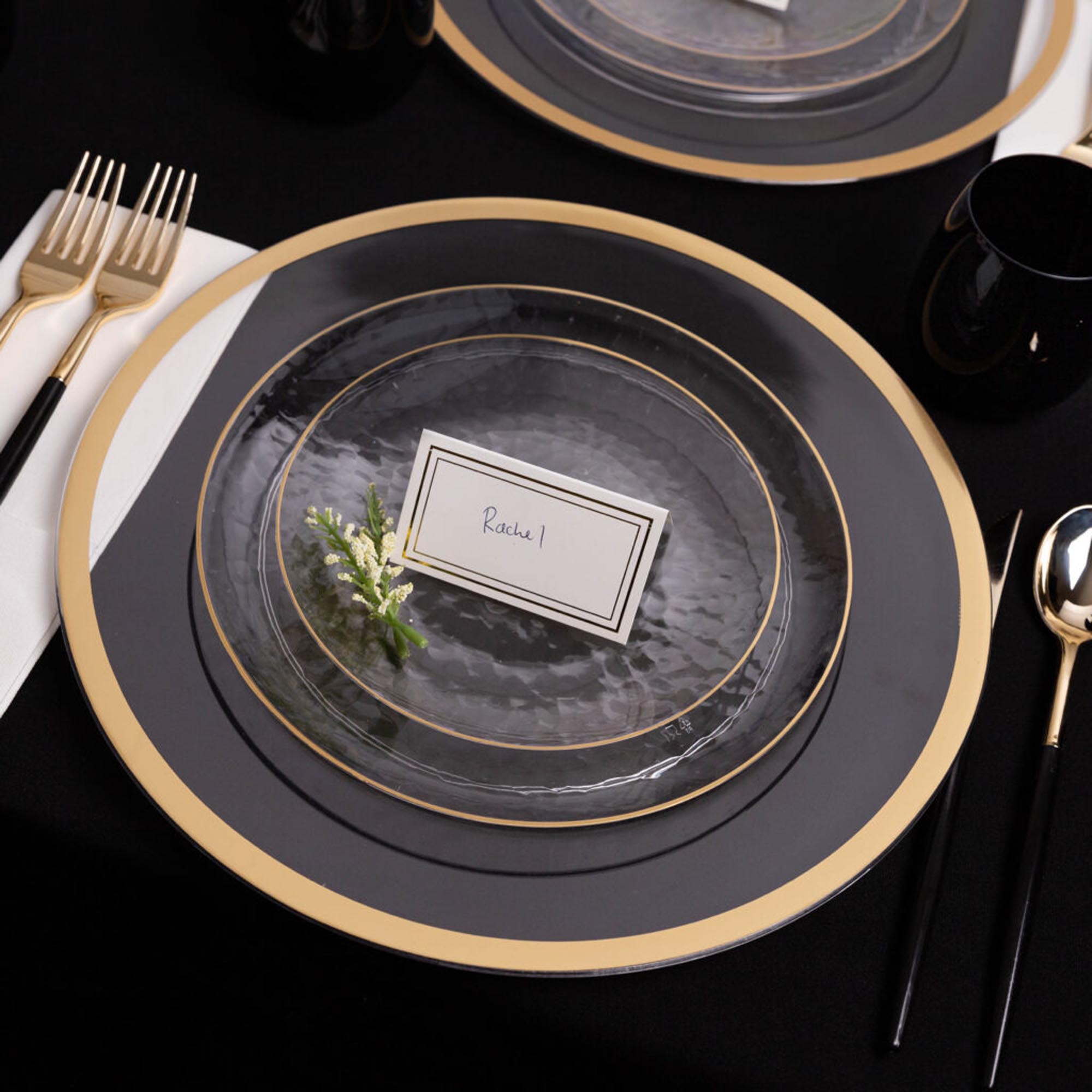 Plastic Tableware Clear Plate Gold Rim Hammered Transparent Organic Collection Dinner Party Set