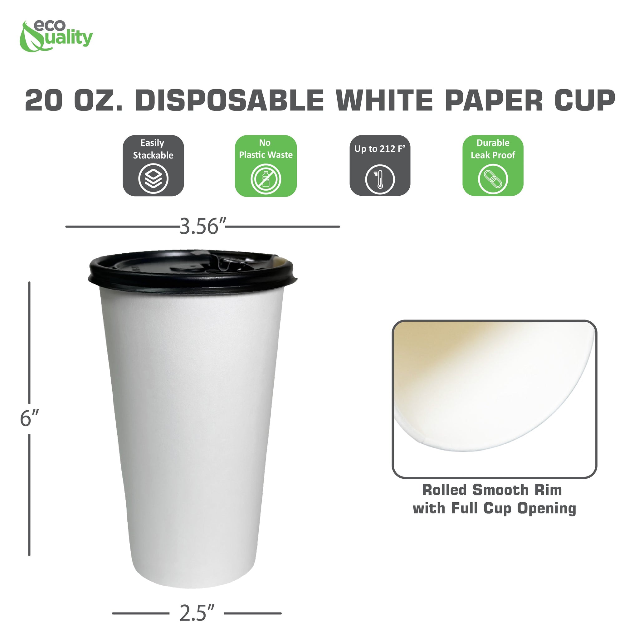 Disposable White Paper Hot Cold Cups with Black Flat Lids