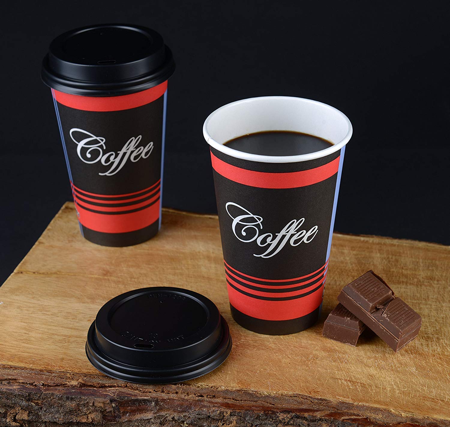 Disposable Paper Hot Cups -  Design Paper Coffee Cups with Black Dome Lids, Sleeves & Stirrers COMBO (10oz, 12oz, 16oz, 20oz)