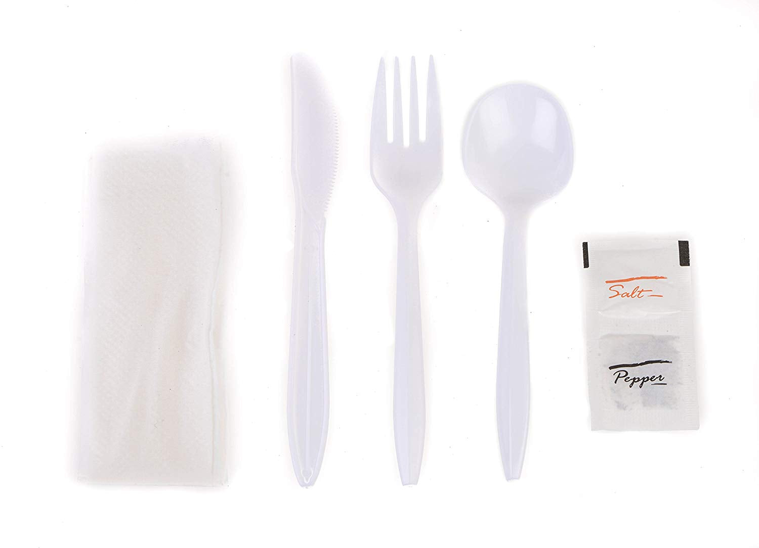 Disposable Plastic Wrapped Cutlery Kit 6 in 1 - Fork/Spoon/Knife/Napkin/Salt/Pepper