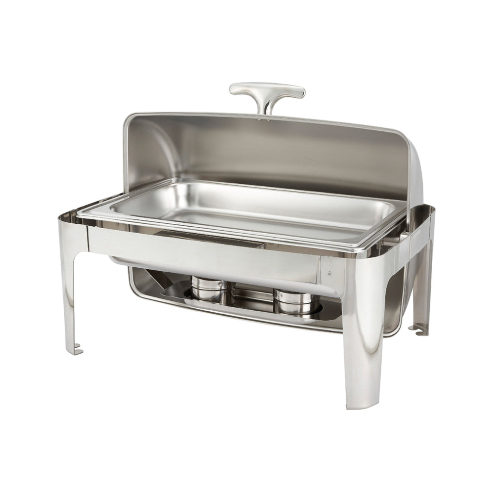 An 8 quart full size Madison heavyweight chafer consisting of a rectangular polished stainless steel chafer with roll top lid and a sturdy frame. The chafer is set up with a water pan, food pan, and fuel holders for maintaining consistent temperature and keeping food warm. The chafer is ideal for catering or large scale buffet events