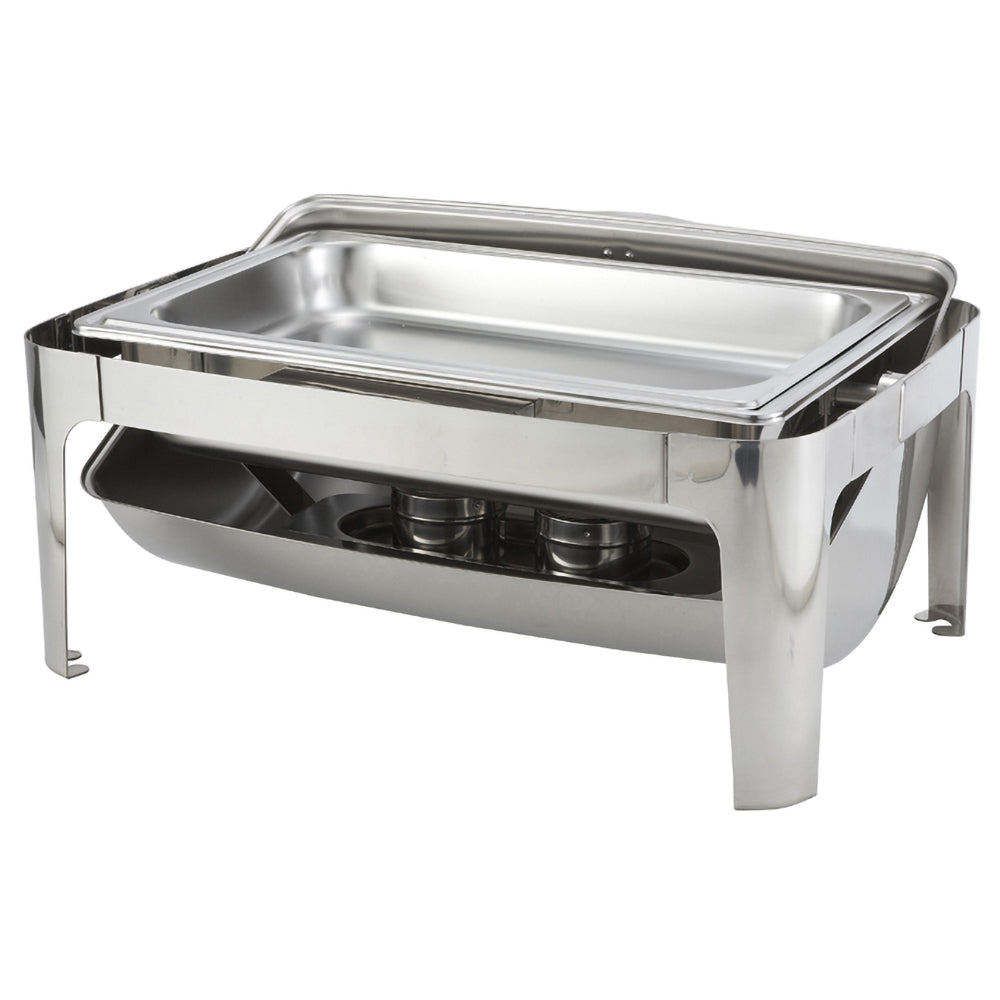 An 8 quart full size Madison heavyweight chafer consisting of a rectangular polished stainless steel chafer with roll top lid and a sturdy frame. The chafer is set up with a water pan, food pan, and fuel holders for maintaining consistent temperature and keeping food warm. The chafer is ideal for catering or large scale buffet events